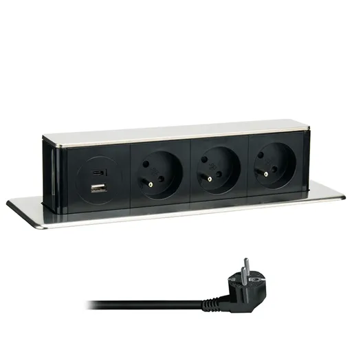 Solight 3z + USB A+C 20W PD výsuvný blok zásuvek, 2m, nerez ocel PP126C-PD20