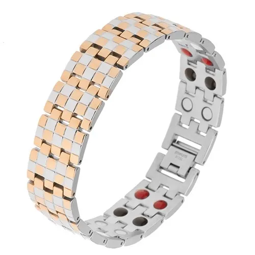 Lesklý náramek z oceli, zlatá a stříbrná barva, vzor šachovnice, magnety