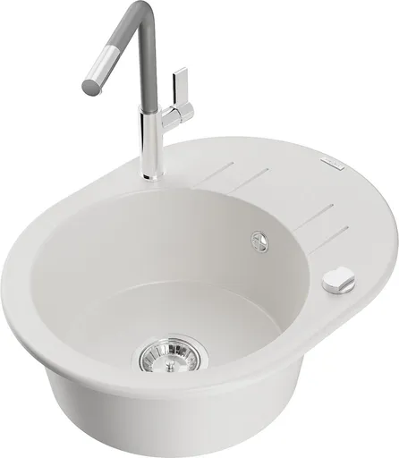 MEXEN/S Kevin granitový dřez 1-miska s odkapávačem včetně baterie Flora, bílá 6517-20-670401-06