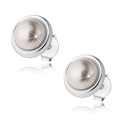 Náušnice ze stříbra 925, perleťově bílá polokoule, lesklý lem