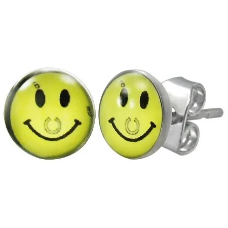Ocelové náušnice - žlutý smajlík s podkovou, puzetky