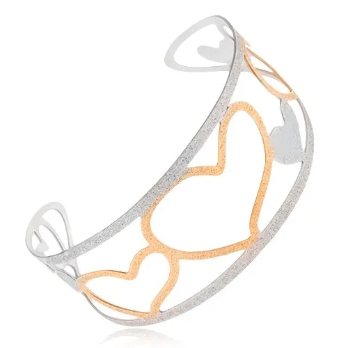 Dvojbarevný vyřezávaný náramek z oceli, pískovaný, obrysy srdcí