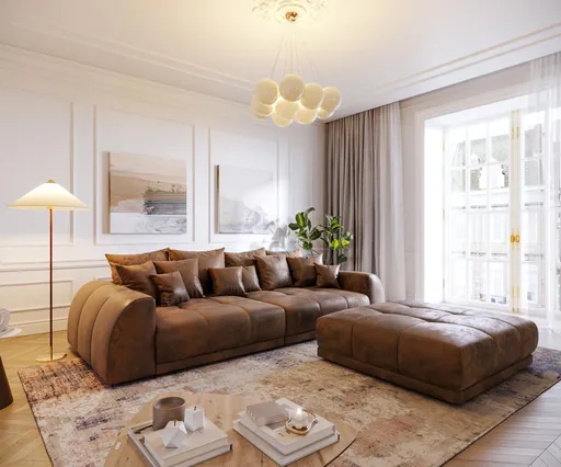 Velká pohovka Violetta 310x135 hnědá polštáře taburet se