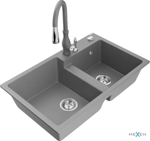 MEXEN/S Tomas granitový dřez 2-bowl včetně baterie Savita, šedá 6516-71-672601-71