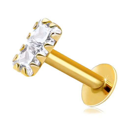 Piercing do rtu a brady z 585 žlutého zlata - dva čiré zirkony ve tvaru čtverce, 2 mm