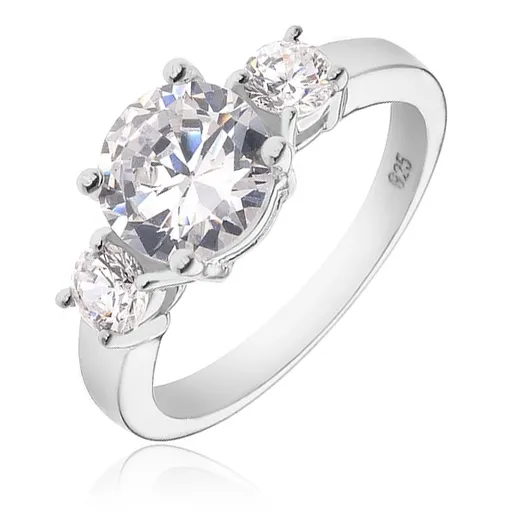 Stříbrný prsten 925 - větší kulatý čirý zirkon a dva menší po stranách - Velikost: 57