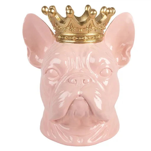 Růžová dekorace francouzský buldoček se zlatou korunkou - 19*16*20 cm Clayre & Eef