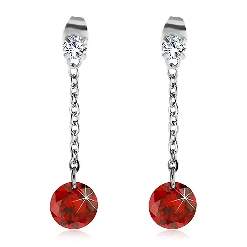 Náušnice z oceli 316L s velkým červeným zirkonem na řetízku