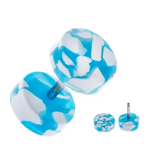 Falešný plug do ucha - akryl, bílomodrá kolečka, tříštivý design
