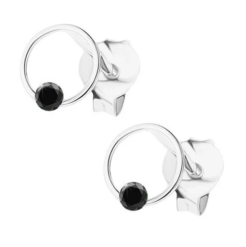 Stříbrné 925 náušnice, černý kulatý krystal, lesklý tenký kroužek