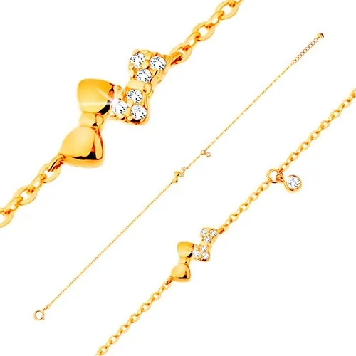 Náramek ve žlutém 14K zlatě - dvě blýskavé mašličky a čirý zirkonek, řetízek