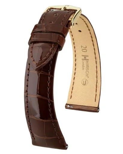 Řemínek Hirsch London Alligator - tmavě hnědý, lesk - 22 mm - L – Standardní délka (doporučujeme) - 18 mm - Zlatá