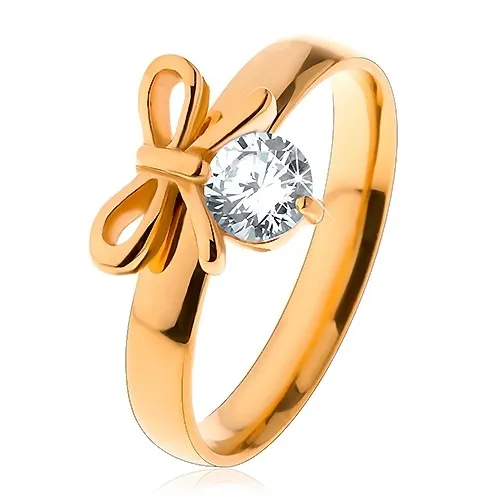 Prsten z chirurgické oceli ve zlaté barvě, lesklá mašlička s čirým zirkonem - Velikost: 57