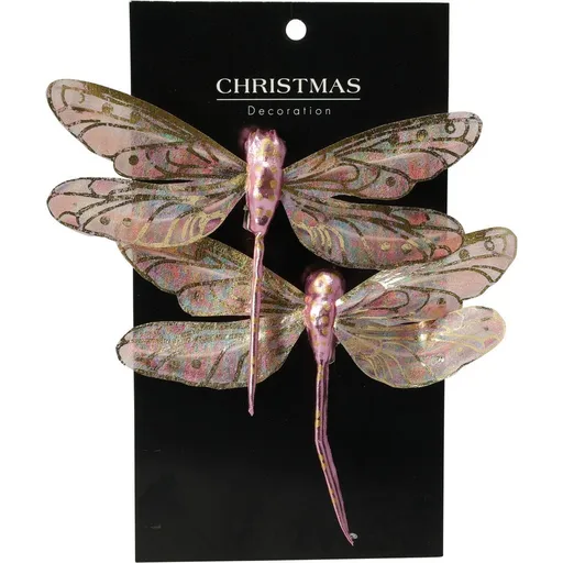 Sada vánočních ozdob Vážka růžová, 13,5 cm, 2 ks