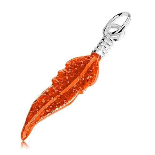 Přívěsek ze stříbra 925, pírko pokryté oranžovou glazurou, třpytky