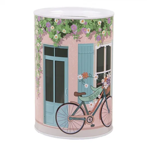 Růžová plechová dóza kasička s kolem a květy - Ø 10*15 cm Clayre & Eef