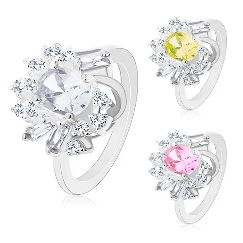 Prsten ve stříbrném odstínu, velký broušený ovál, kulaté a obdélníkové zirkony - Velikost: 54, Barva: Růžová