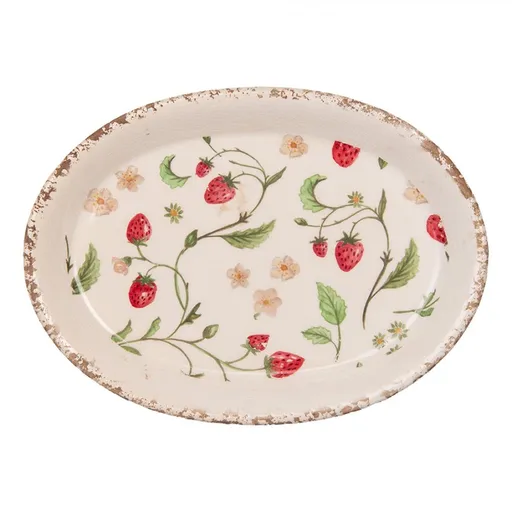 Keramický oválný podnos s jahůdkami Wild Strawberries - 25*18*3cm Clayre & Eef