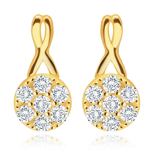 Diamantové náušnice ve žlutém 14K zlatě - kruh vykládaný čirými brilianty ve tvaru květu