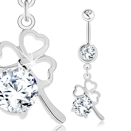 Piercing do bříška, chirurgická ocel, čirý broušený zirkon, obrys trojlístku
