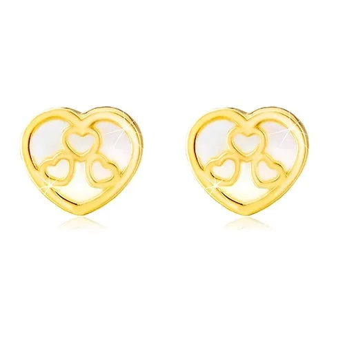 Puzetové náušnice ve žlutém 14K zlatě - srdíčko s přírodní perletí a výřezy