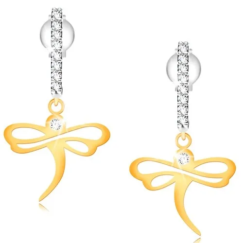 Náušnice ze zlata 585 - lesklá vážka na zirkonovém obloučku