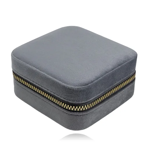Šedá sametová šperkovnice se zipem ve zlaté barvě a měkkým povrchem