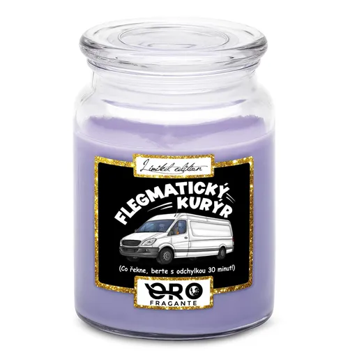 Svíčka Flegmatický kurýr (Vůně svíčky: Levandule)