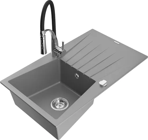 MEXEN/S Cesar granitový dřez s odkapávačem včetně baterie Aster, šedá 6514-71-73450-07