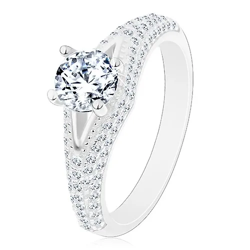 Prsten ze stříbra 925 - zásnubní, čirý kulatý zirkon, úzký výřez, zářivá ramena - Velikost: 49
