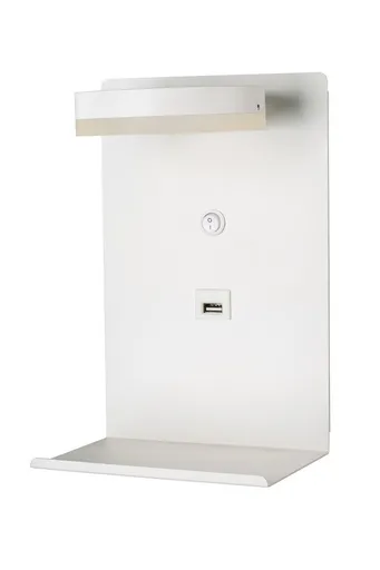 Bílá LED nástěnná lampa s odkládací plochou na telefon, USB nabíječka, kompaktní