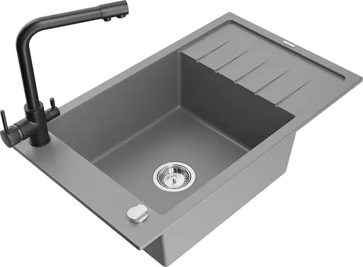 MEXEN/S Elias granitový dřez 1-miska včetně baterie Duero, šedý 6511-71-671600-70