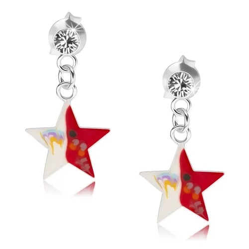 Náušnice ze stříbra 925, čirý krystalek, červenobílá hvězda s dekorací