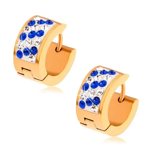 Náušnice z oceli zlaté barvy, bílý pás vykládaný modrými a čirými zirkony