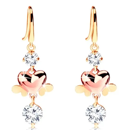 Dvoubarevné náušnice ze 14K zlata - kulaté čiré zirkony, lesklá srdíčka