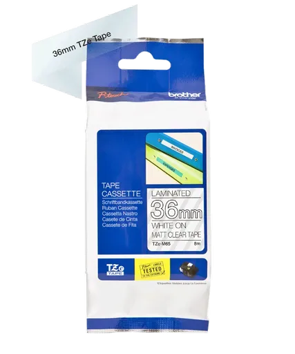 Brother TZe-M65, 36mm x 8m, bílý tisk/průsvitný matný podklad, originální páska