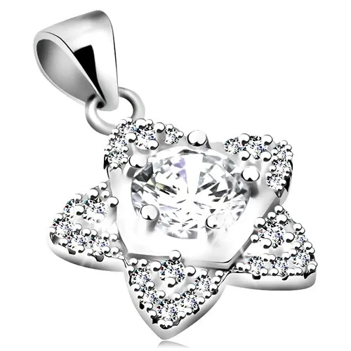 Rhodiovaný přívěsek, stříbro 925, pěticípý kvítek, čiré kulaté zirkony