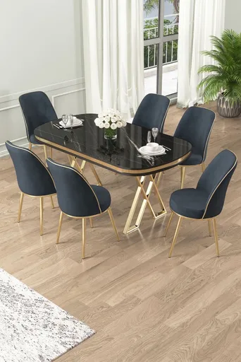 Dining Table & Chairs Set (7 Pieces) Lai - Black Marble, Gold, Anthracite
