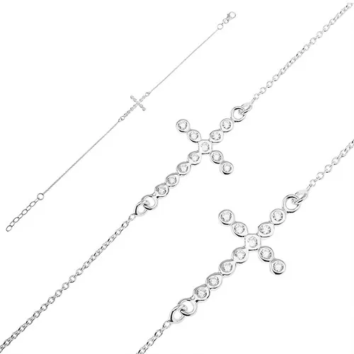 Stříbrný náramek 925 - zirkonový kříž na řetízku