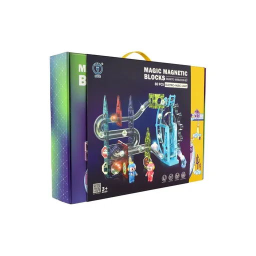 Kuličková dráha magnetická, 80 ks, 16 kuliček + doplňky, se světlem