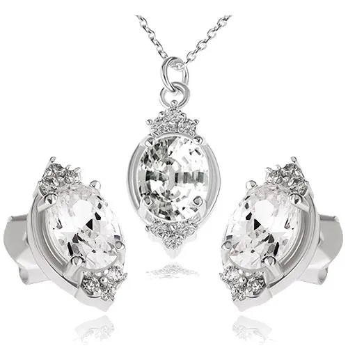 Stříbrný set 925, náhrdelník a náušnice, čirý zirkonový ovál a lístky