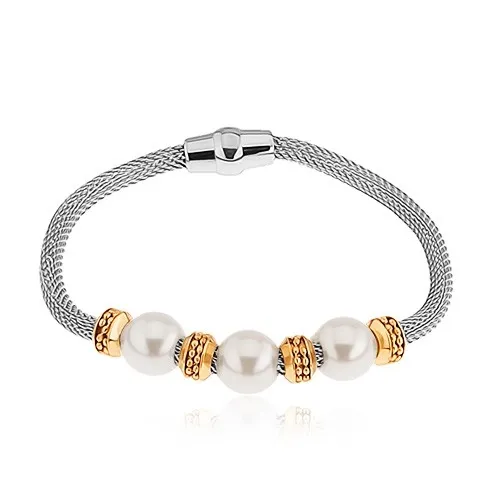 Ocelový náramek, perleťové korálky, kolečka ve zlaté barvě, síťovaný řetízek