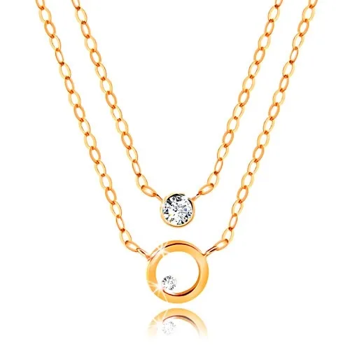 Náhrdelník ve žlutém 14K zlatě - dvojitý řetízek, kroužek a čirý zirkon