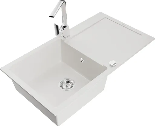 MEXEN/S Leo granitový dřez 1-miska s odkapávačem včetně baterie Rita, bílá 6501-20-670300-00