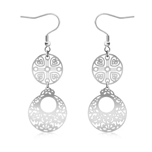 Filigránové ocelové náušnice - dva kruhy s vyřezávanými ornamenty, afroháček
