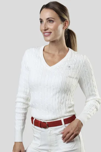 SVETR GANT STRETCH COTTON CABLE V-NECK EGGSHELL