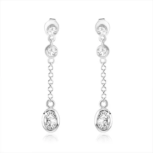 Puzetové náušnice, stříbro 925, kulatý a oválný čirý zirkon, řetízek