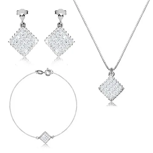 Trojset ze stříbra 925 - vroubkovaný kosočtverec se zirkony, hranatý řetízek