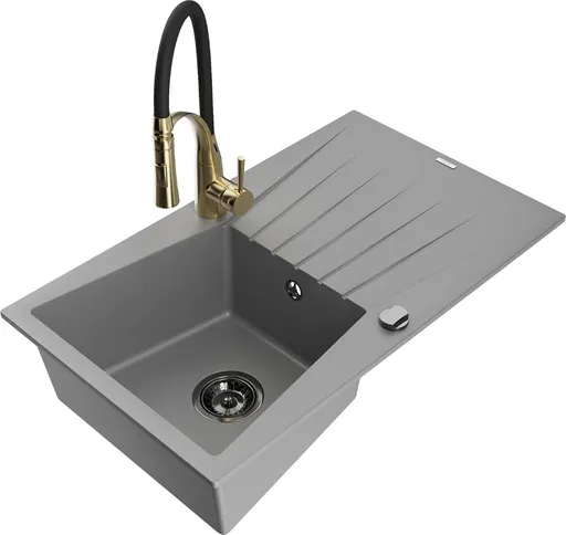 MEXEN/S Cesar granitový dřez s odkapávačem včetně baterie Aster, šedá 6514-71-73450-57-B