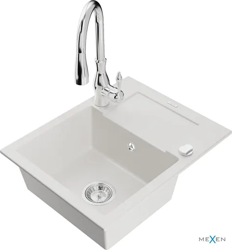 MEXEN/S Enzo granitový dřez 1 s odkapávačem včetně baterie Savita, bílá 6506-20-672601-00